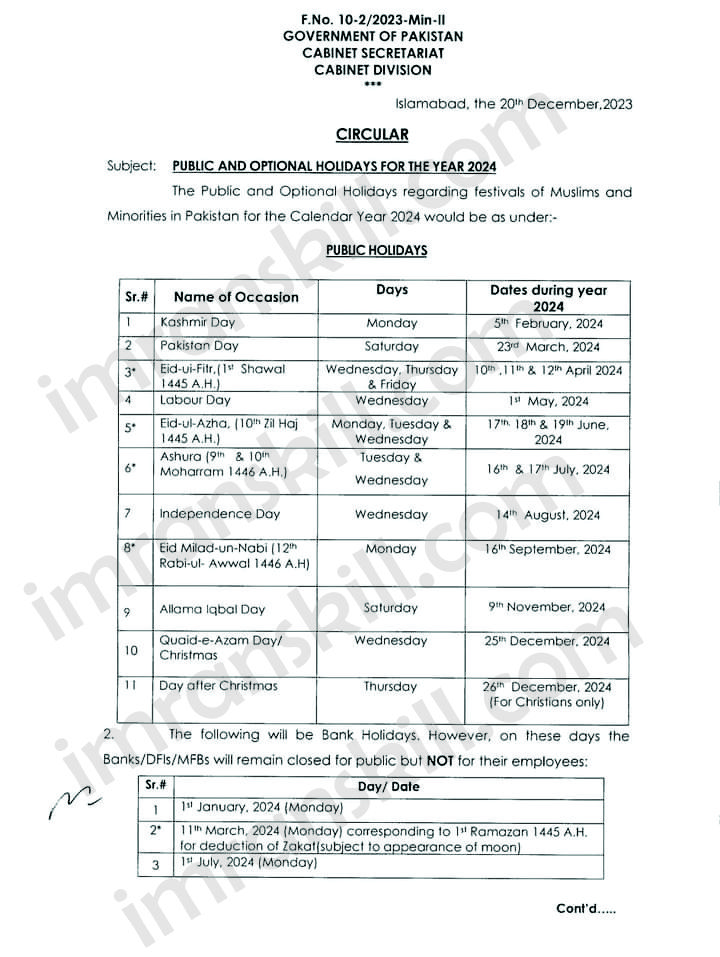 National Holidays in Pakistan 2024 Public Holidays for the year 2024